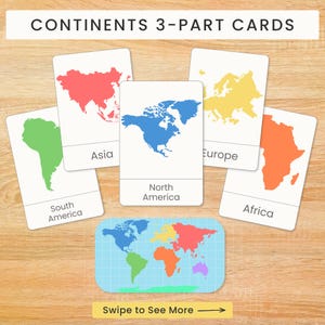 Op de afbeelding: Een set van 3-delige continentkaarten met witte rechthoekige kaarten met gekleurde kaarten van Azië, Europa, Zuid-Amerika, Noord-Amerika en Afrika, plus een kleine wereldkaart onderaan met de tekst Swipe to See More.