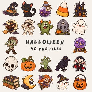 Puede incluir: Una colección de 40 ilustraciones digitales con temática de Halloween que incluye un sombrero de bruja, gato negro, poción, dulce de maíz, casa embrujada, bruja, momia, monstruo, lápida, fantasma, zombi, bola de cristal, calavera, calabaza, mano, cuervo, vampiro, libros, luna, hada y cubo de calabaza con el texto HALLOWEEN 40 PNG FILES.