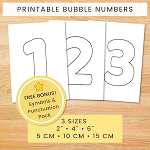 May include: Printable bubble numbers featuring the digits 1, 2, and 3 in black outlines on white paper. A yellow circular badge states FREE BONUS! Symbols & Punctuation Pack. Text indicates 3 sizes: 2 inches, 4 inches, and 6 inches.