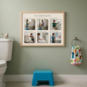 Puede incluir: Un póster de pared rectangular titulado My Toilet Routine que muestra seis fotografías numeradas de un niño demostrando los pasos de higiene en el baño: bajarse los pantalones, sentarse, limpiarse, tirar de la cadena, lavarse y secarse las manos.