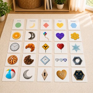 Formen-Zuordnungsspiel, Fotobasierte Formen-Zuordnungsübung, Montessori-Lernen, Vorschulmaterial zum Ausdrucken