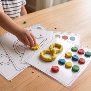 Può includere: Schede di attività educative con contorni di numeri e forme, accompagnate da piccoli pezzi rotondi e multicolori di pasta modellabile in rosso, blu, giallo e verde, con una figura di pasta gialla a forma di numero otto su un foglio.