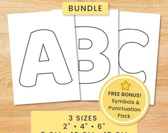 May include: A digital bundle of bubble letters and numbers featuring the text BUBBLE LETTERS & NUMBERS BUNDLE. Includes three sizes: 5 cm, 10 cm, and 15 cm. A yellow circular badge highlights a free bonus of symbols and punctuation.