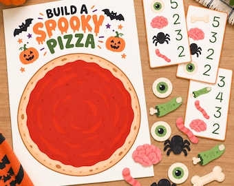 Juego de contar pizzas de Halloween, Construye una pizza espeluznante, Actividad de matemáticas para preescolares, Juego de contar y emparejar, Actividad de clasificación