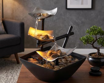 Tabletop Zen Fountain with Natural River Rocks, Soothing Water Feature for Home Office