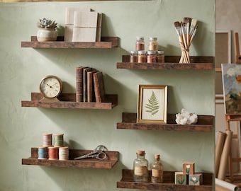 Set of 6 Rustic Wooden Floating Shelves – Farmhouse Wall Mounted Storage Display