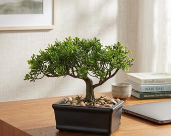 Artificial Juniper Bonsai Tree in Ceramic Pot – Realistic Faux Plant Desk Decor