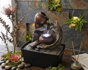 Rustic Tree Trunk Tabletop Fountain: Zen Waterfall with LED Light, Feng Shui Decor