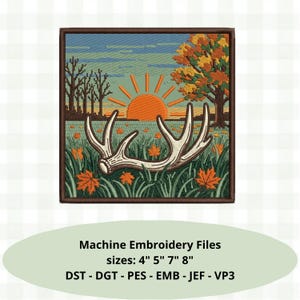 Peut inclure: Un motif de broderie machine carré représentant un bois de cerf blanc dans un champ d'herbe verte avec des feuilles d'érable orange, un soleil levant orange et un arbre au feuillage automnal. Texte : Machine Embroidery Files sizes: 4" 5" 7" 8" DST - DGT - PES - EMB - JEF - VP3.