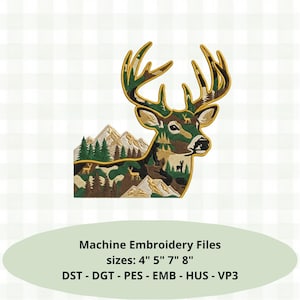 May include: An embroidered deer head patch featuring a camouflage pattern filled with mountain and forest silhouettes. The design includes small deer figures and is outlined in gold thread. Text below reads: Machine Embroidery Files sizes: 4" 5" 7" 8" DST - DGT - PES - EMB - HUS - VP3.