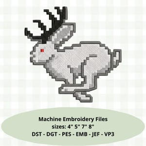 May include: A pixel art style machine embroidery design of a white jackalope with black antlers and a red eye. The text below reads: Machine Embroidery Files sizes: 4" 5" 7" 8" DST - DGT - PES - EMB - JEF - VP3. The design features a running rabbit.