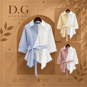 May include: A collared blouse featuring a split design with one side in solid white and the other in blue, yellow, or pink vertical stripes. The garment has three-quarter sleeves, a button-down front, and a matching fabric tie at the waist.