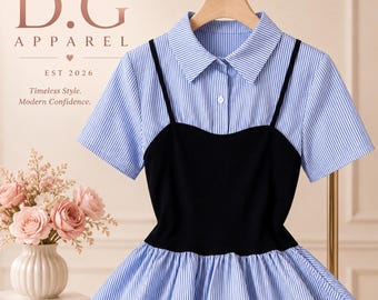 D.G Apparel Women’s Colorblock Striped Ruffle Shirt Dress | Stilvolles 2-in-1-Outfit mit Knopfleiste für Frühlings- und Sommerferien, Freizeitkleidung