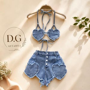 Women’s Blue Denim Halter Bikini Top & Button Shorts Set – Backless Vintage American-Style Beach Vacation Outfit,Gift For her