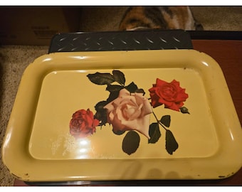 Vintage Metal Serving Tray Yellow Rose Floral Lithograph Tin Platter Mid Century
