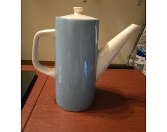 Vintage Majolica Kasuga Japan Coffee Pot Blue White Mid Century Modern Ceramic