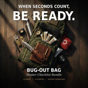 May include: An olive green bug-out bag filled with survival gear, including a knife, compass, first-aid kit, and food bars. The text reads "WHEN SECONDS COUNT, BE READY." and "BUG-OUT BAG Master Checklist Bundle."