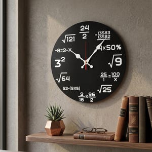 Math Formula Wall Clock, Wooden Round Wall Clock, Silent Study Room Clock, Teacher Gift, Math Lover Decor, Office Wall Clock