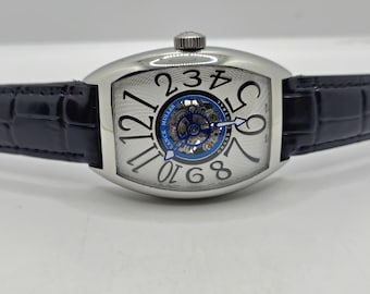 Reloj de pulsera automático vintage Franck Muller Cintree Curvex con esfera blanca y correa de cuero negro para hombre. Envío gratis.