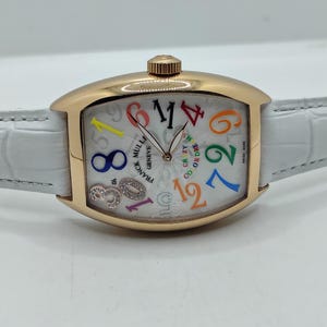 Vintage Franck Muller Crazy Stunden 30-jähriges Jubiläum Automatische Weißes Zifferblatt Weißes Lederarmband Herren Armbanduhr Kostenloser Versand