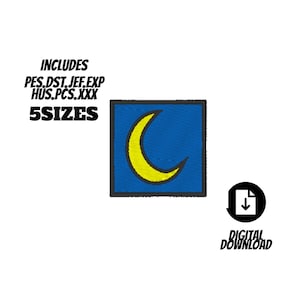 May include: A square embroidery design featuring a yellow crescent moon on a blue background with a black border. The text includes INCLUDES PES.DST.JEF.EXP HUS.PCS.XXX 5SIZES and a circular icon with a downward arrow and the text DIGITAL DOWNLOAD.