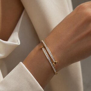 Gold Zircon Bangle Bracelet, Stainless Steel Cuff, Minimalist Women Accessory, Wife Present, Anniversary Fashion Piece, Elegant Gift