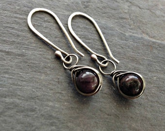 Wire wrapped ruby earrings handmade sterling silver jewelry July birthstone gift