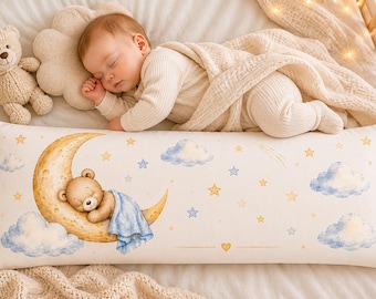Sleeping Teddy on Moon Body Pillow | Personalized Nursery Pillow, Baby Moon Stars