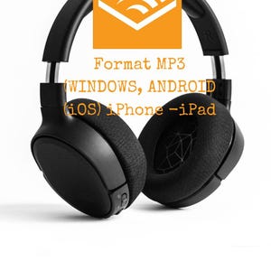 Puede incluir: Auriculares negros de diadema con almohadillas acolchadas. El texto dice: 1 AUDIOBOOK, Format MP3, WINDOWS, ANDROID, iOS, iPhone, iPad. Un logotipo cuadrado naranja con un símbolo de arco blanco estilizado se sitúa sobre los auriculares.