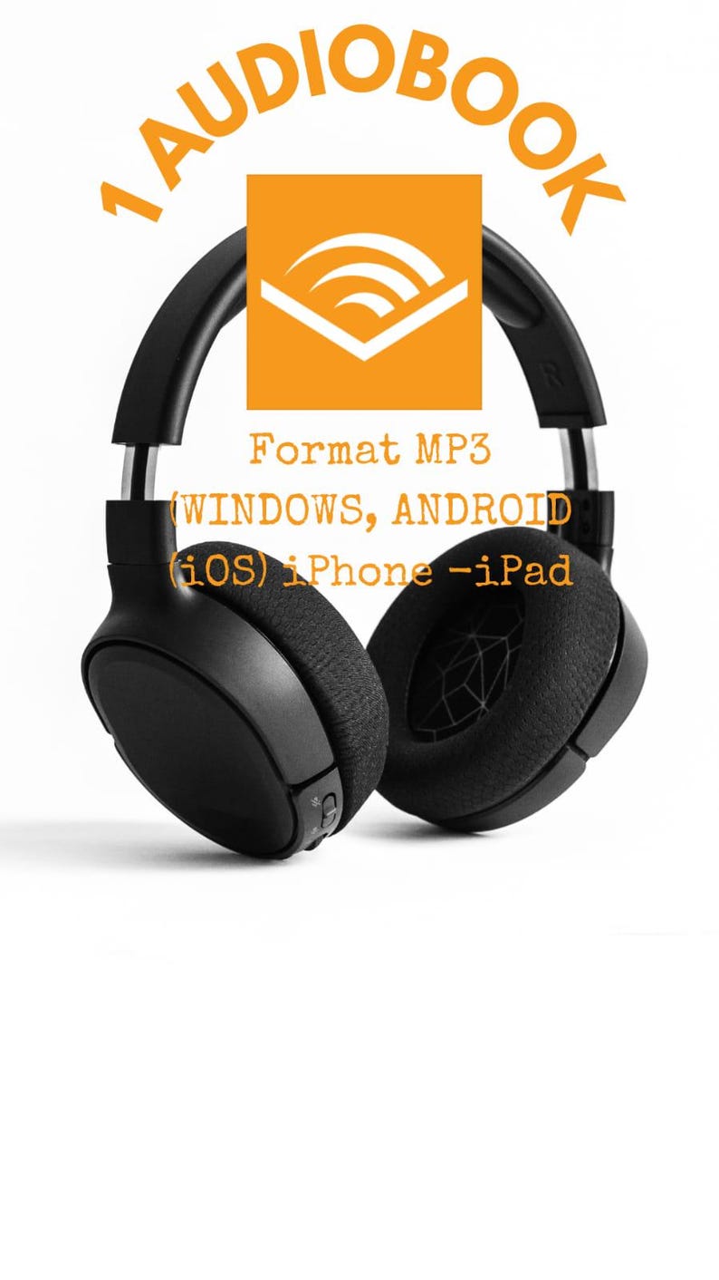 K&ouml;nnte beinhalten: Schwarzer Over-Ear-Kopfh&ouml;rer mit gepolsterten Ohrmuscheln. Der Text lautet: 1 AUDIOBOOK, Format MP3, WINDOWS, ANDROID, iOS, iPhone, iPad. Ein orangefarbenes quadratisches Logo mit einem wei&szlig;en stilisierten Bogensymbol befindet sich &uuml;ber dem Kopfh&ouml;rer.