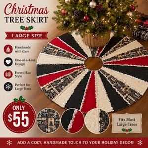 May include: A circular Christmas tree skirt featuring a radial pattern of alternating fabric panels in red, black, and a cream-colored textured material. The design includes frayed edges between each section and a central opening for a tree base.