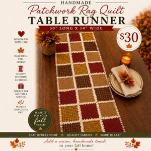 May include: A rectangular patchwork rag quilt table runner measuring 50 inches long by 14 inches wide. The runner features a grid of alternating fabric squares in shades of deep red, mustard yellow, and brown, finished with frayed white seams.