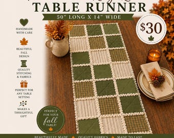 Handmade Patchwork Rag Quilt Table Runner | Fall Farmhouse Decor (50" x 14")