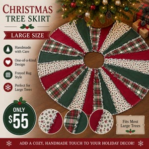 May include: A round Christmas tree skirt featuring a patchwork design of alternating dark green, solid red, plaid, and white fabric panels with small floral patterns. The skirt has a frayed rag-style edge and a circular center opening for a tree base.