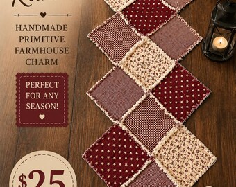 Handmade Primitive Rag Quilt Table Runner | Farmhouse Table Runner | Rustic Country Table Decor | 30 x 13 Inch | Everyday Table Runner