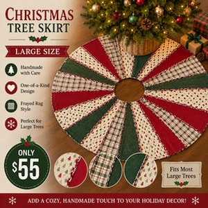 May include: A large circular Christmas tree skirt featuring a patchwork design of alternating red, dark green, and cream-colored fabric panels with small tree patterns and plaid prints. The fabric edges have a frayed rag-style finish throughout.