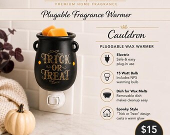 Halloween Cauldron Plug-In Wax Warmer | Trick or Treat Wax Melt Warmer | Spooky Fall Decor | Pluggable Fragrance Warmer