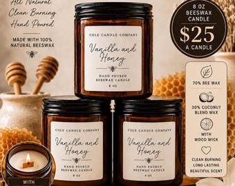 Vanilla & Honey Beeswax Candle | 8 oz Wood Wick Candle | Hand Poured Natural Candle | Clean Burning Gift