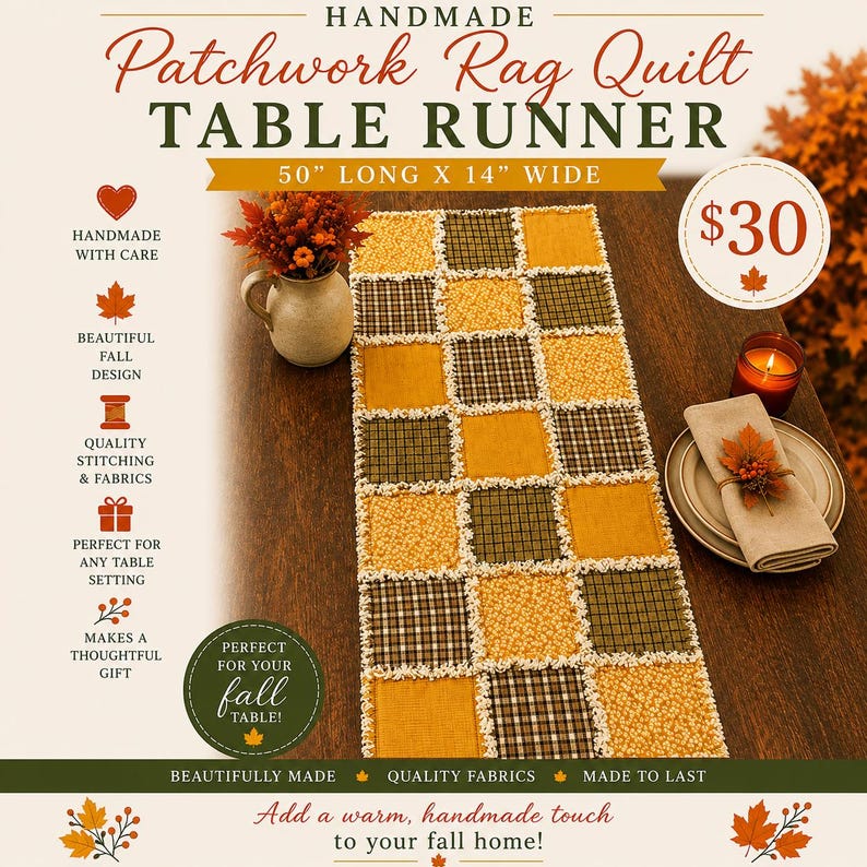 May include: A rectangular patchwork rag quilt table runner measuring 50 inches long by 14 inches wide. The runner features a repeating grid pattern of alternating squares in solid mustard yellow, floral yellow, and dark green plaid fabric.