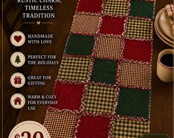 Christmas Rag Quilt Table Runner | Handmade | Primitive Holiday Table Decor | Rustic Christmas Centerpiece | 50x20 Inch Runner