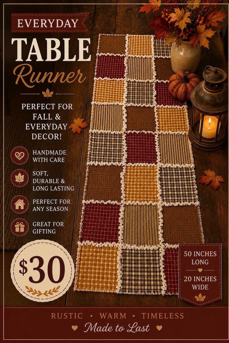 May include: A rectangular table runner featuring a patchwork design of fabric squares in shades of brown, tan, red, and black with a white frayed edge detail. The runner is labeled as 50 inches long and 20 inches wide with text reading EVERYDAY TABLE Runner.