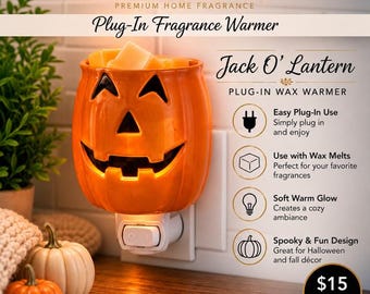 Halloween Jack O' Lantern Plug-In Wax Warmer | Pumpkin Night Light | Fall Home Decor | Fragrance Melt Warmer