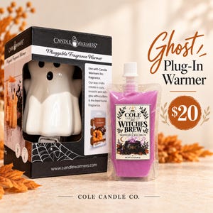 May include: A white ceramic ghost-shaped pluggable fragrance warmer in a black box with spiderweb graphics, paired with a clear pouch of purple Witches Brew squeezable wax melts by Cole Candle Co. The packaging features text and product imagery.