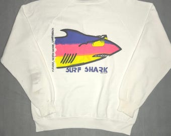 Vintage 80er Jahre Hanes Surf Shark Hawaii North Shore Sweatshirt Weiß Herren XL USA