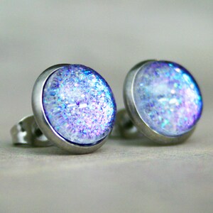 Aurora Borealis Last Pair 8mm - Blue, Teal and Violet Color Shifting - Stainless Steel Stud Earrings