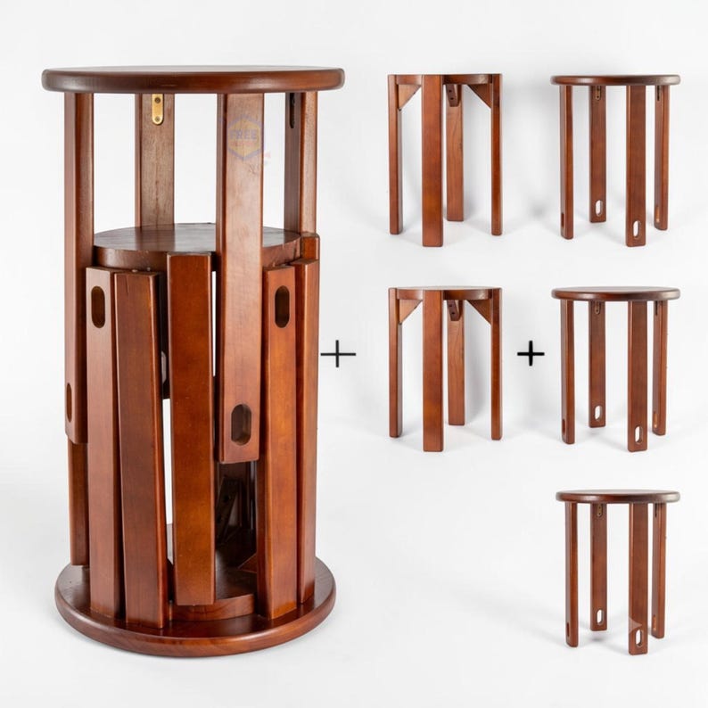 Stackable Solid Wood Nesting Stools Set of 4 Round Side Table Brown Decor