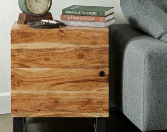 Acacia Wood Bedside Table with Door Storage Rustic Side Cabinet