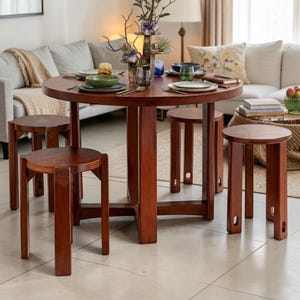 Stackable Solid Wood Nesting Stools Set of 4 Round Side Table Brown Decor