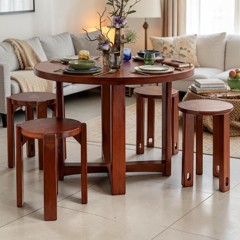 Stackable Solid Wood Nesting Stools Set of 4 Round Side Table Brown Decor