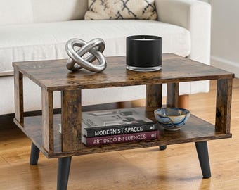 Wooden Coffee Table with Storage Shelf, Rustic Side Table for Living Room